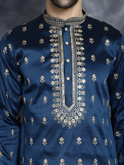 Jompers Men's Navy Blue Chikankari Embroidered Kurta With Pyjama