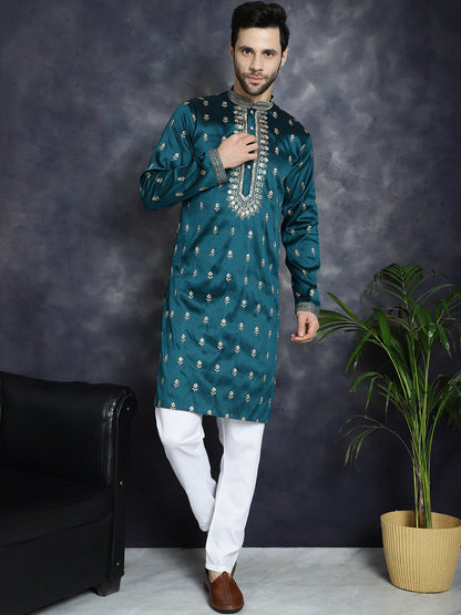Jompers Men's Peacock Blue Chikankari Embroidered Kurta With Pyjama