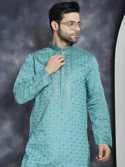 Jompers Men's Sequins Embroidered Kurta With Pyjama - Blue