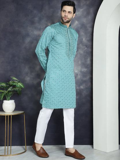 Jompers Men's Sequins Embroidered Kurta With Pyjama - Blue