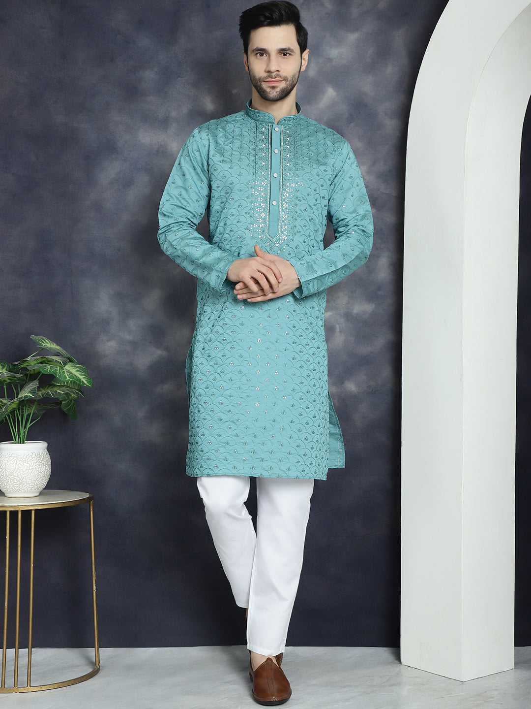 Jompers Men's Sequins Embroidered Kurta With Pyjama - Blue