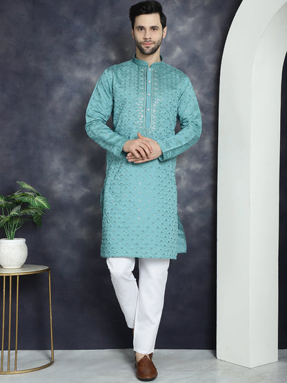 Jompers Men's Sequins Embroidered Kurta With Pyjama - Blue
