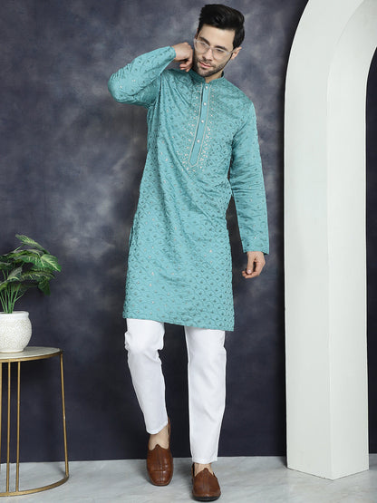 Jompers Men's Sequins Embroidered Kurta With Pyjama - Blue