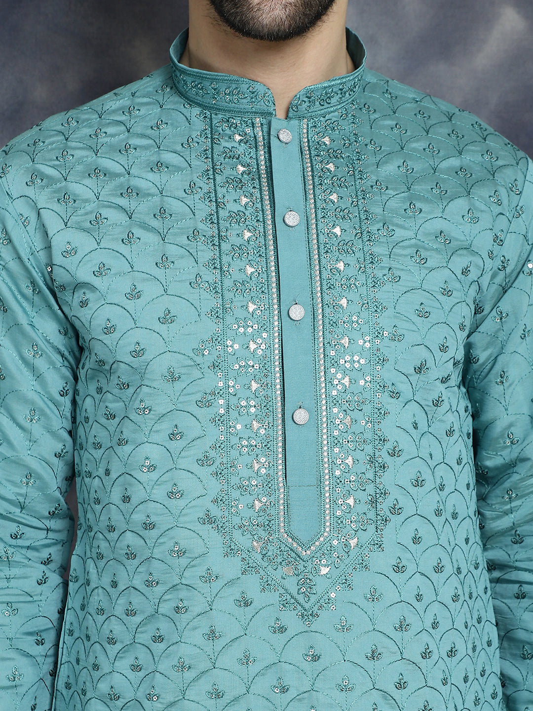 Jompers Men's Sequins Embroidered Kurta With Pyjama - Blue