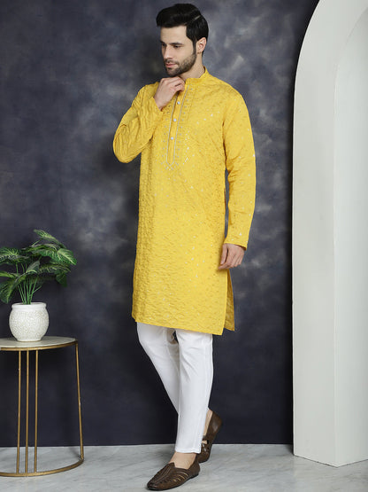 Jompers Men's Sequins Embroidered Kurta With Pyjama - Mustard