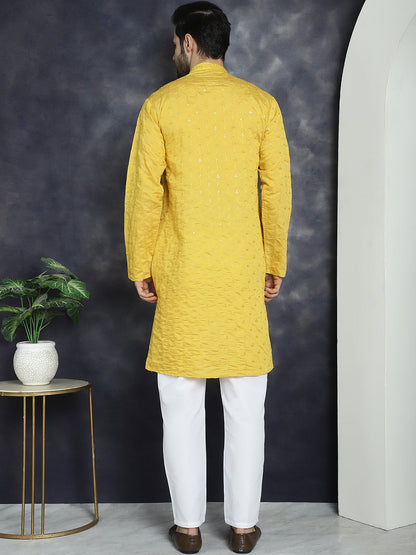 Jompers Men's Sequins Embroidered Kurta With Pyjama - Mustard