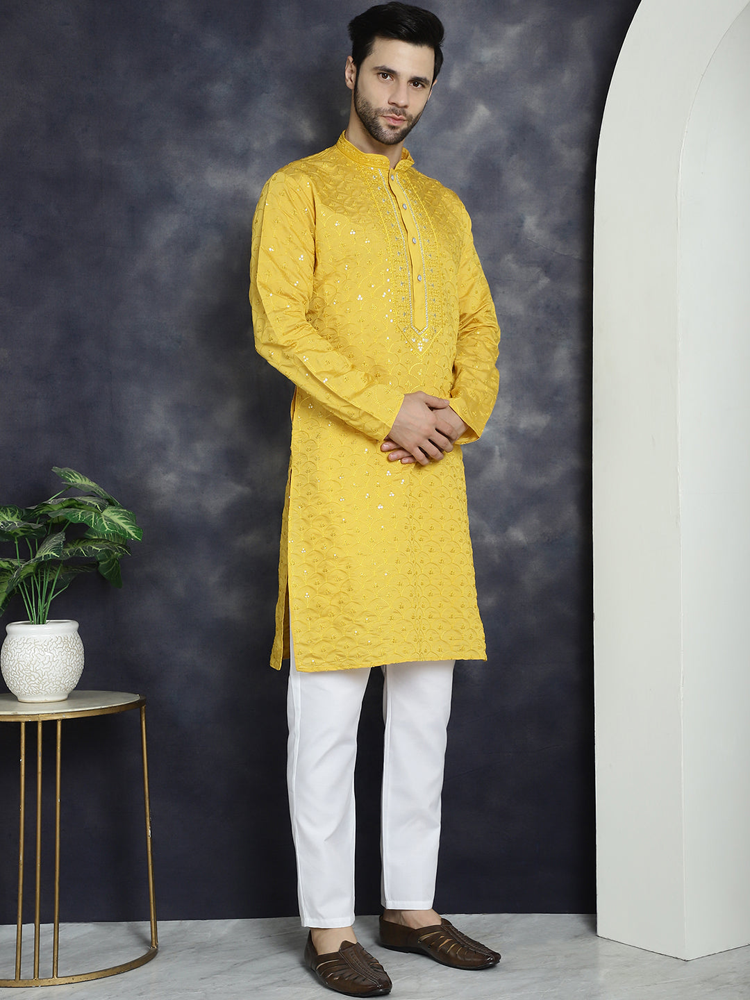 Jompers Men's Sequins Embroidered Kurta With Pyjama - Mustard