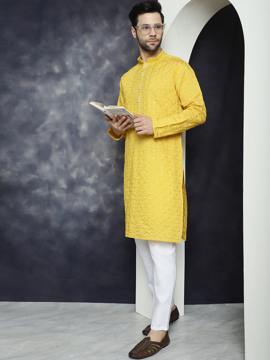 Jompers Men's Sequins Embroidered Kurta With Pyjama - Mustard