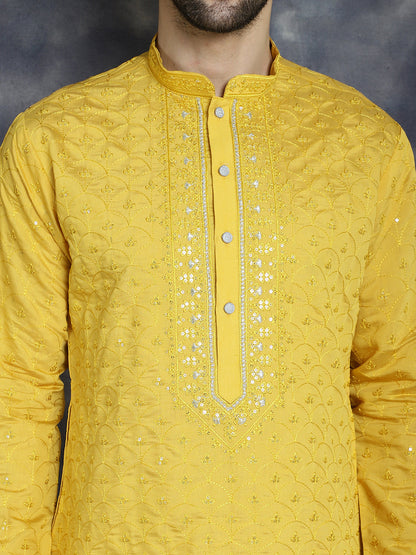 Jompers Men's Sequins Embroidered Kurta With Pyjama - Mustard