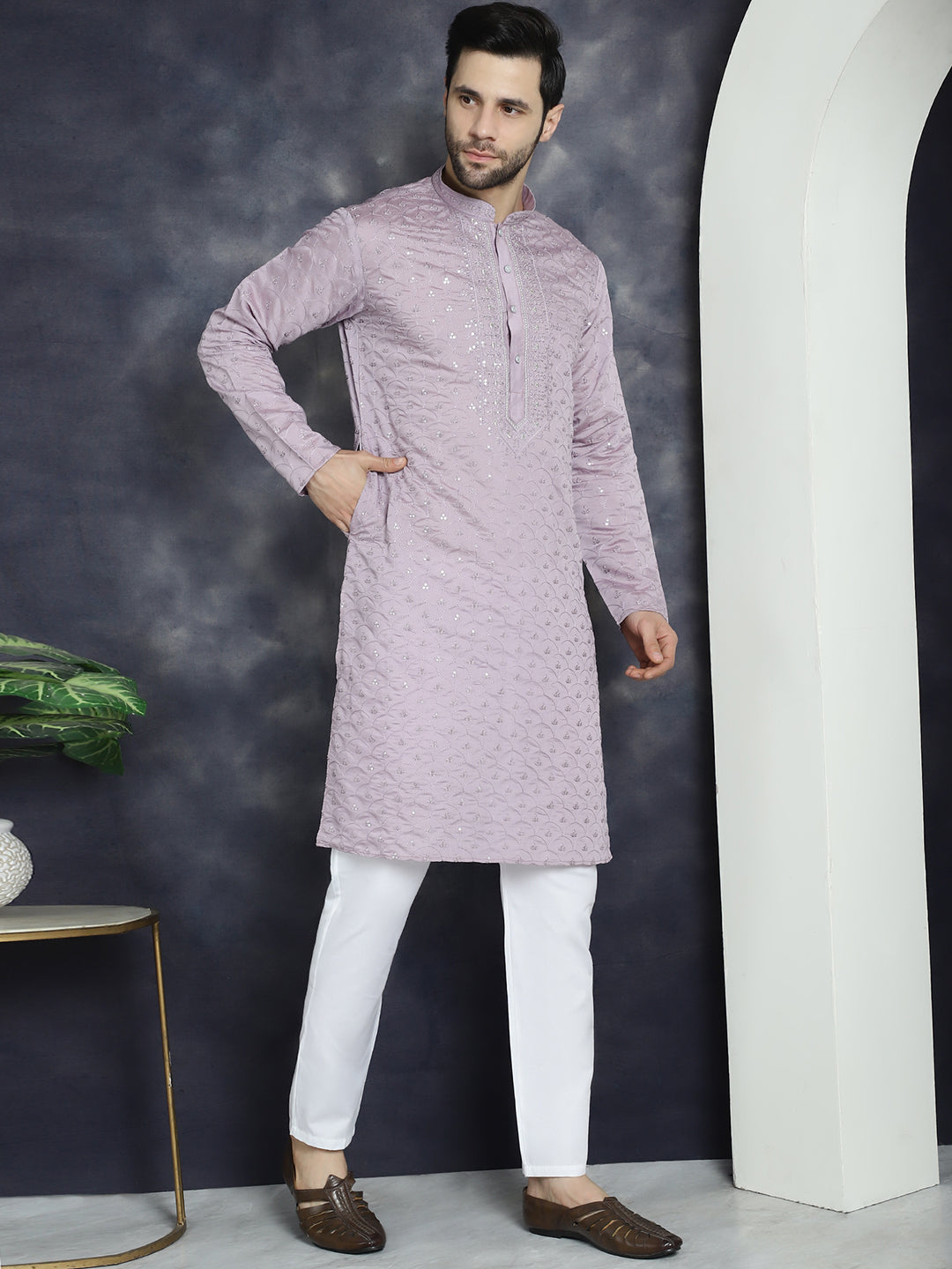 Jompers Men's Sequins Embroidered Kurta With Pyjama - Purple