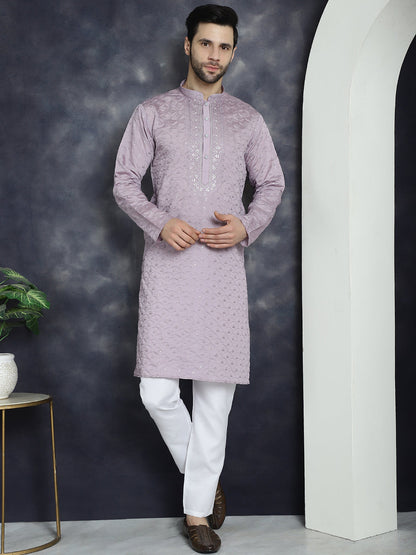Jompers Men's Sequins Embroidered Kurta With Pyjama - Purple
