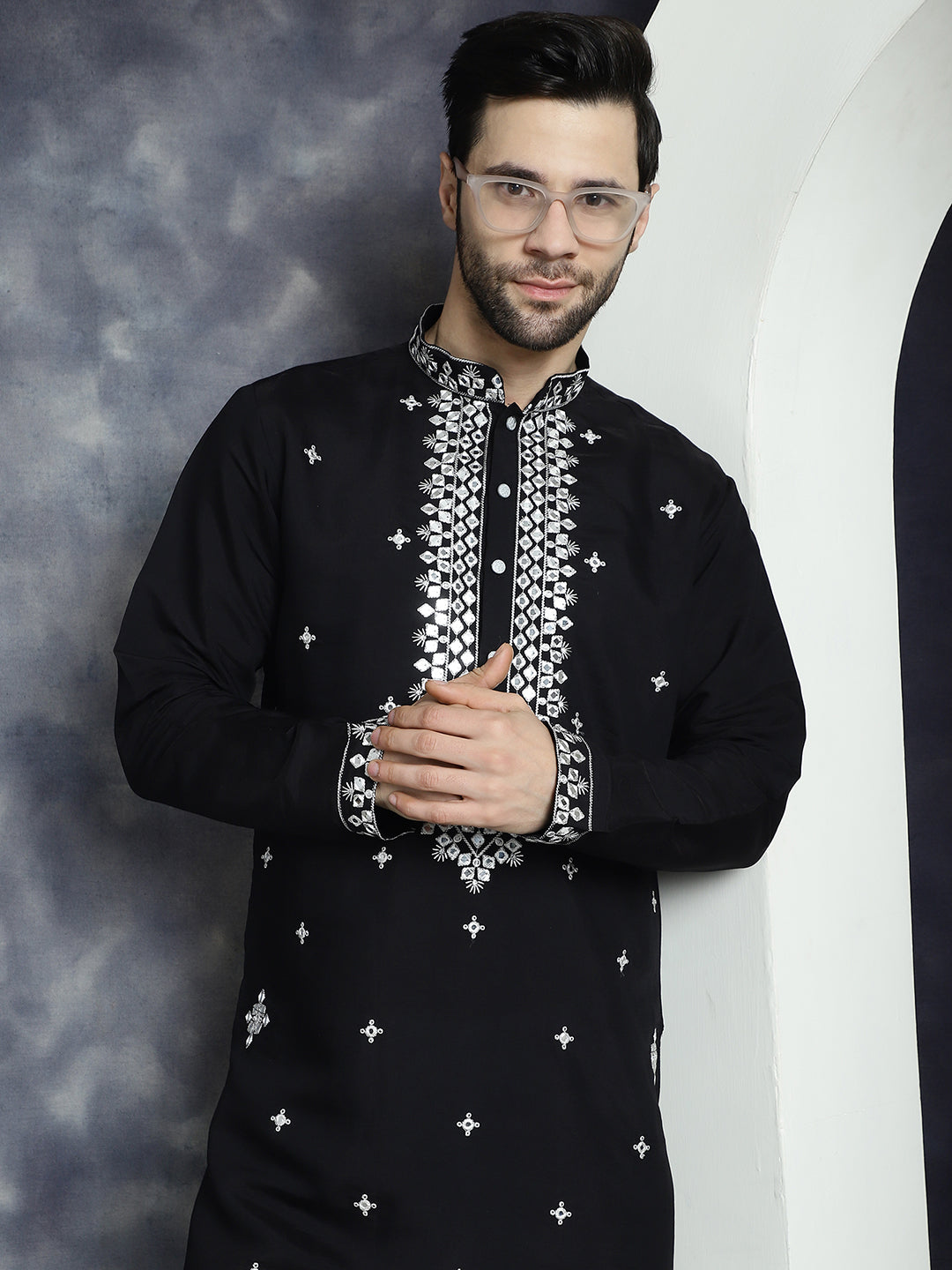 Jompers Men's Embroidered Kurta With Pyjama - Black