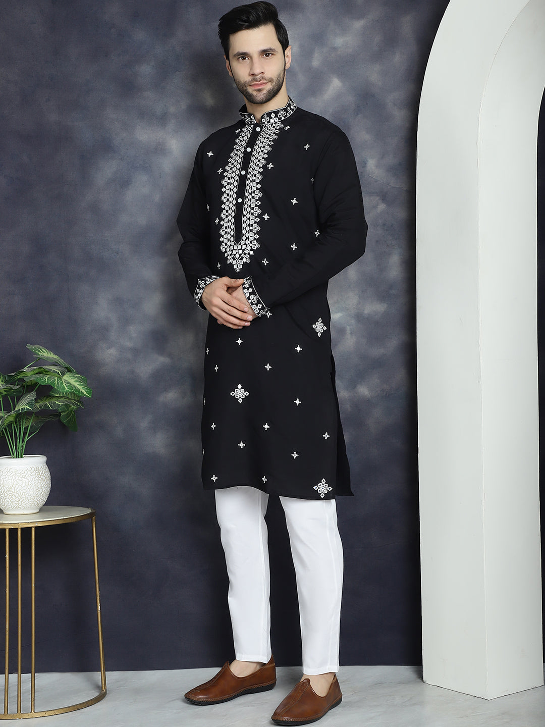 Jompers Men's Embroidered Kurta With Pyjama - Black