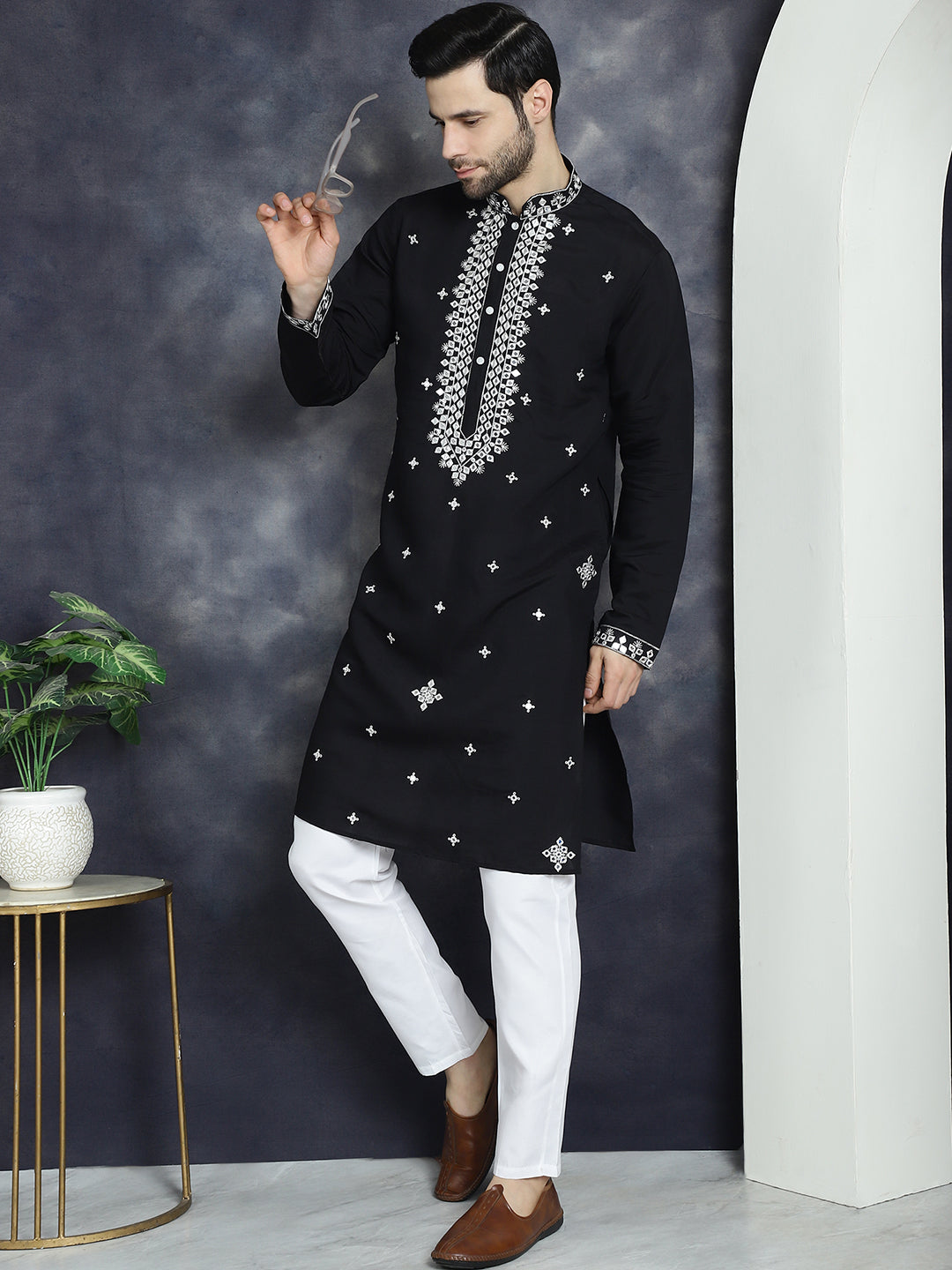 Jompers Men's Embroidered Kurta With Pyjama - Black