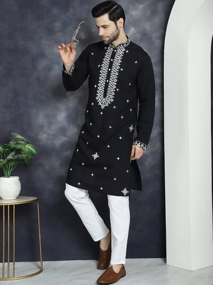 Jompers Men's Embroidered Kurta With Pyjama - Black