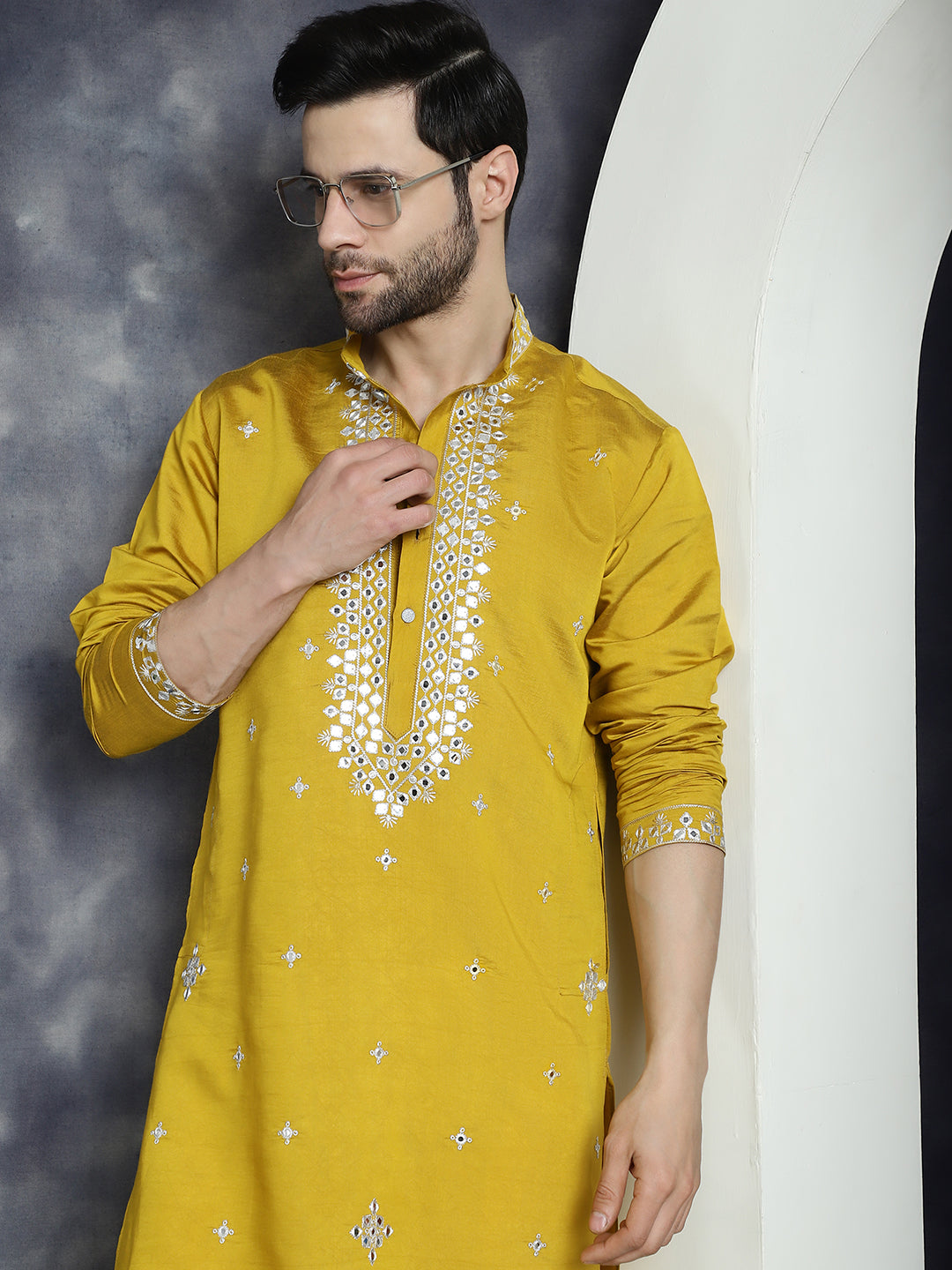 Jompers Men's Embroidered Kurta With Pyjama - Mustard