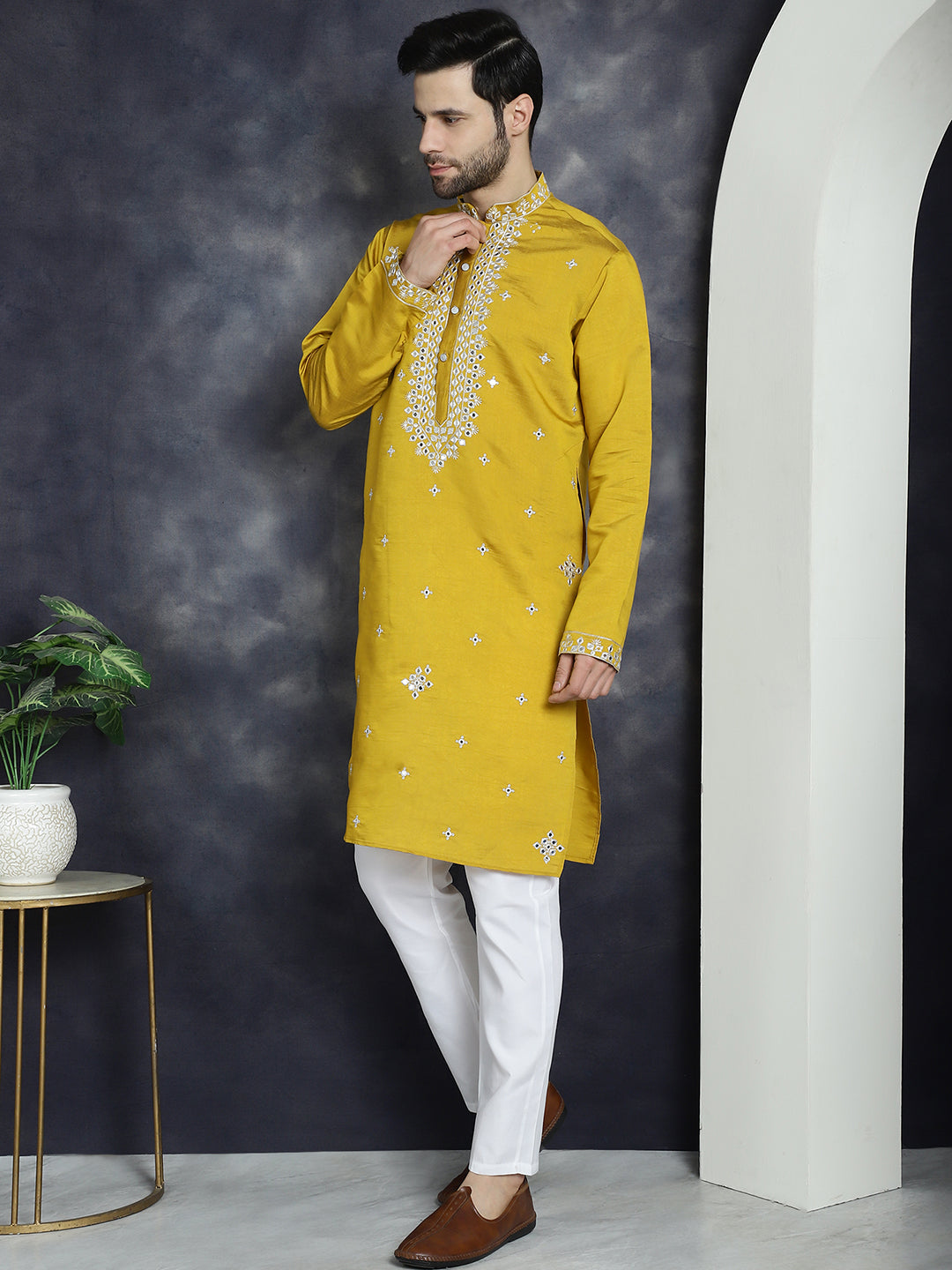 Jompers Men's Embroidered Kurta With Pyjama - Mustard