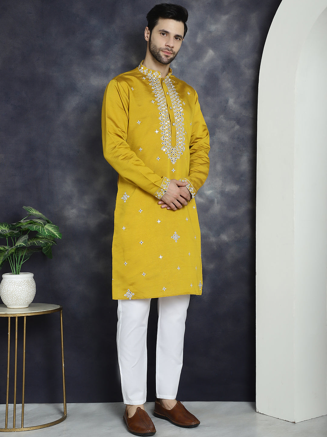 Jompers Men's Embroidered Kurta With Pyjama - Mustard