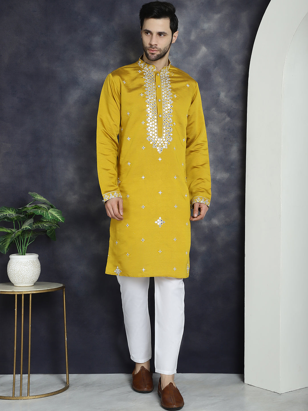 Jompers Men's Embroidered Kurta With Pyjama - Mustard