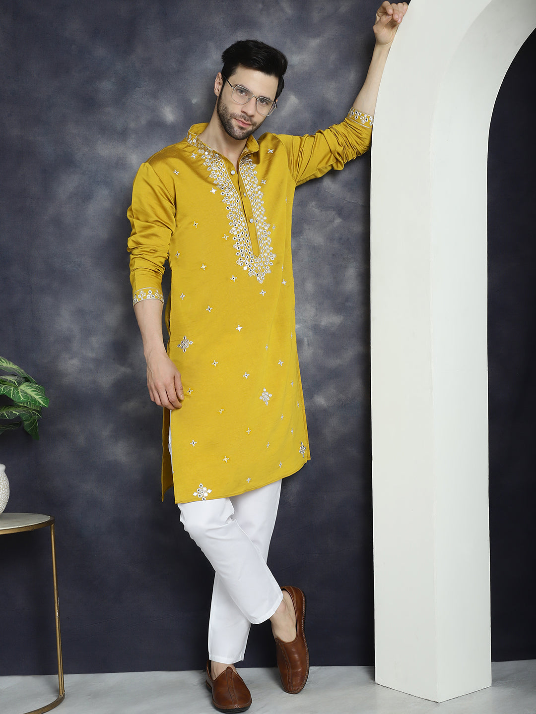 Jompers Men's Embroidered Kurta With Pyjama - Mustard