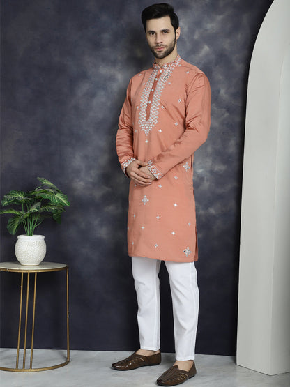Jompers Men's Embroidered Kurta With Pyjama - Peach
