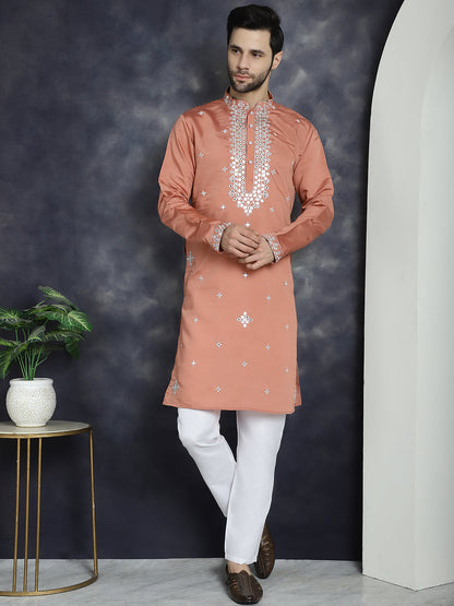 Jompers Men's Embroidered Kurta With Pyjama - Peach