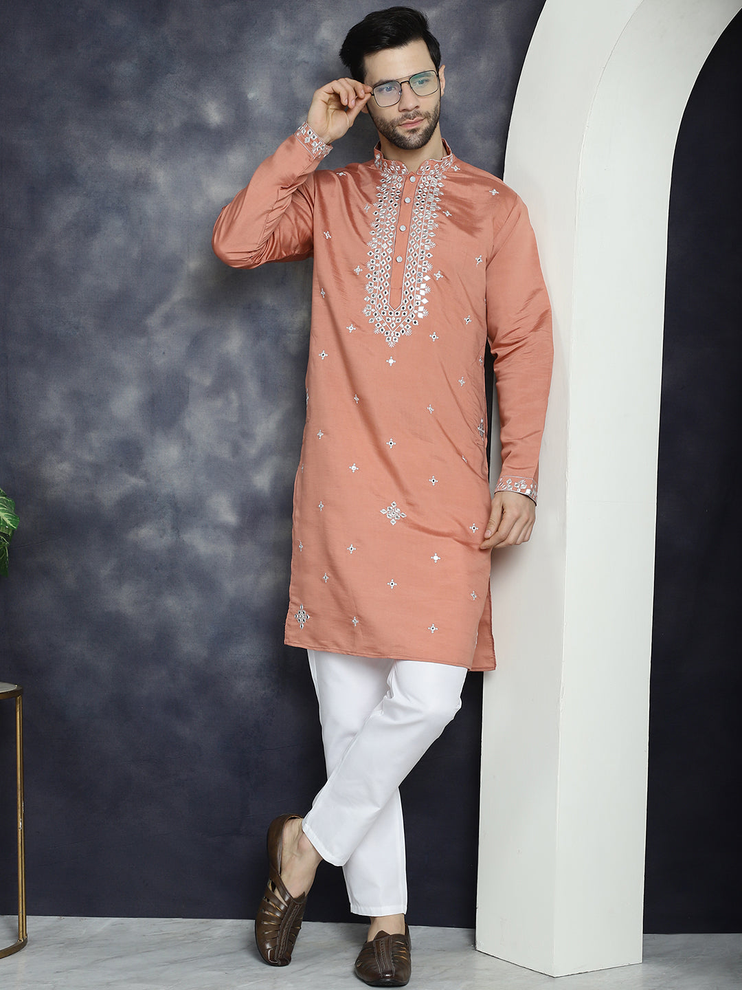 Jompers Men's Embroidered Kurta With Pyjama - Peach