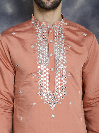 Jompers Men's Embroidered Kurta With Pyjama - Peach