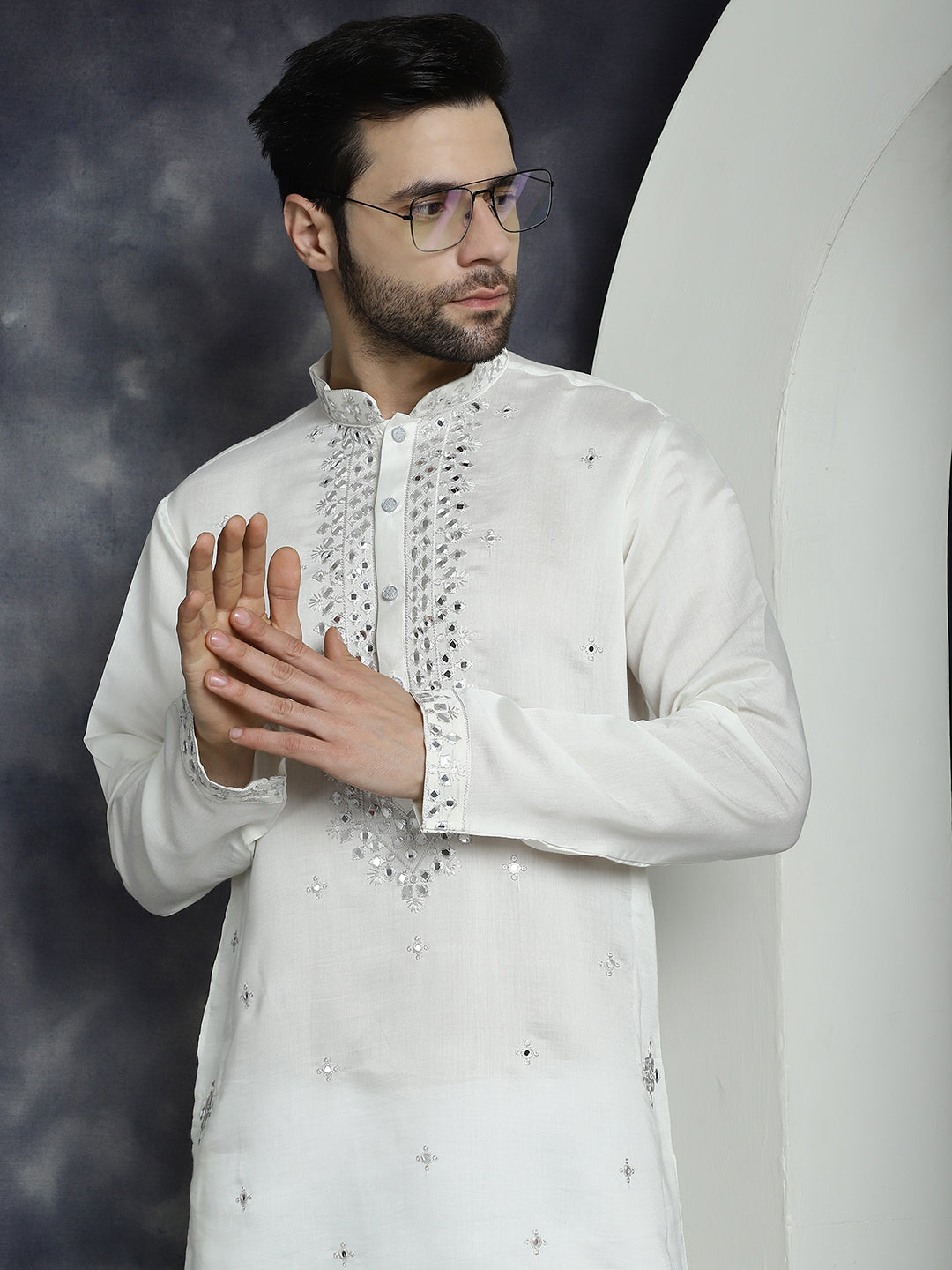 Jompers Men's Embroidered Kurta With Pyjama - White