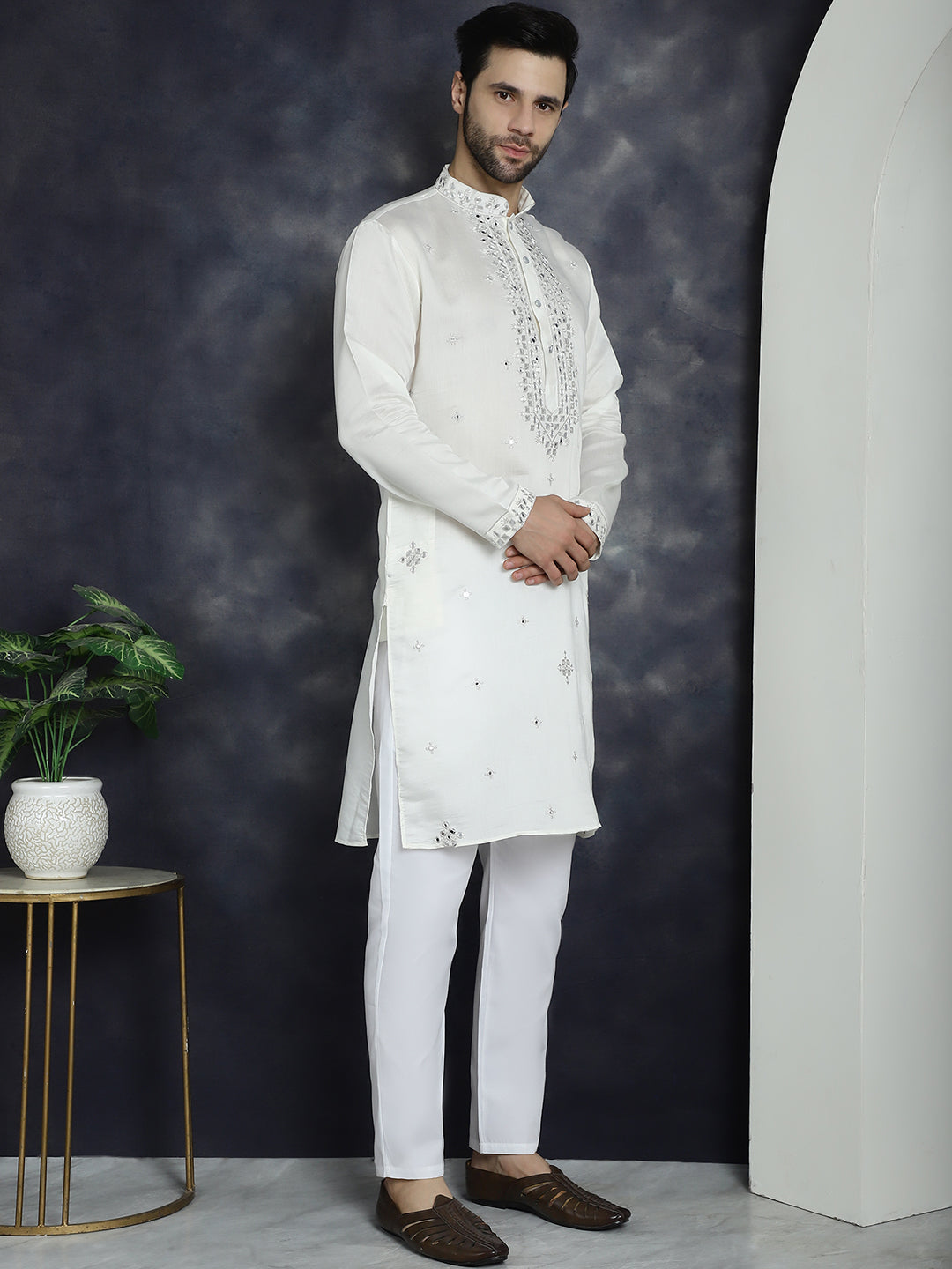 Jompers Men's Embroidered Kurta With Pyjama - White