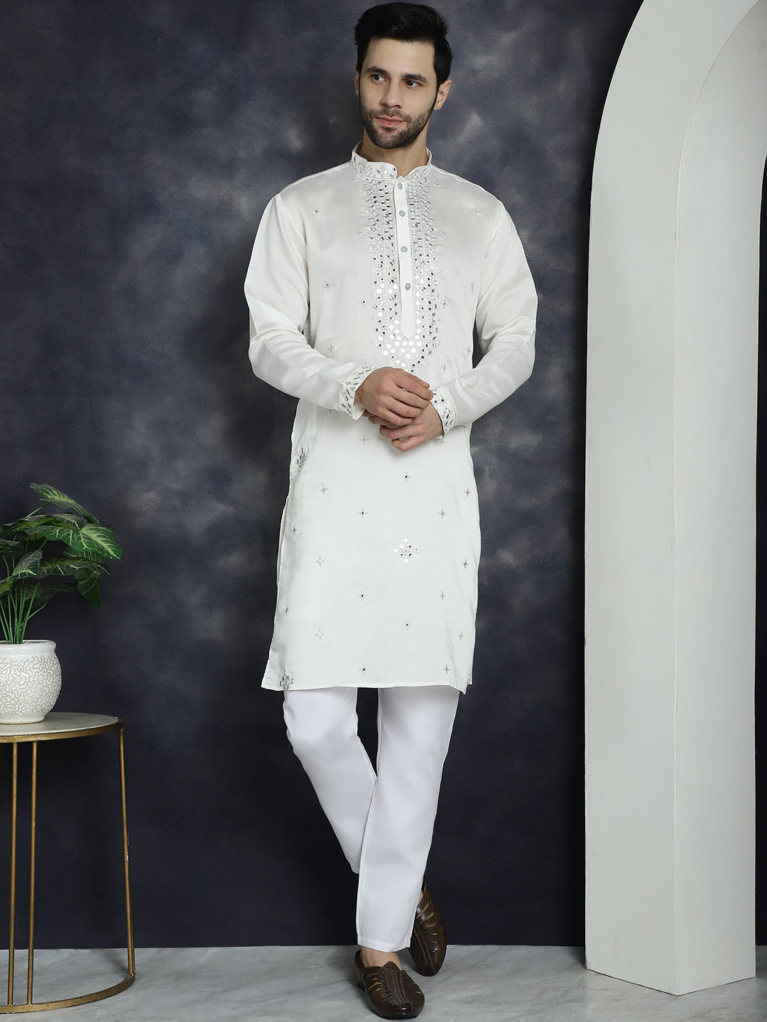 Jompers Men's Embroidered Kurta With Pyjama - White