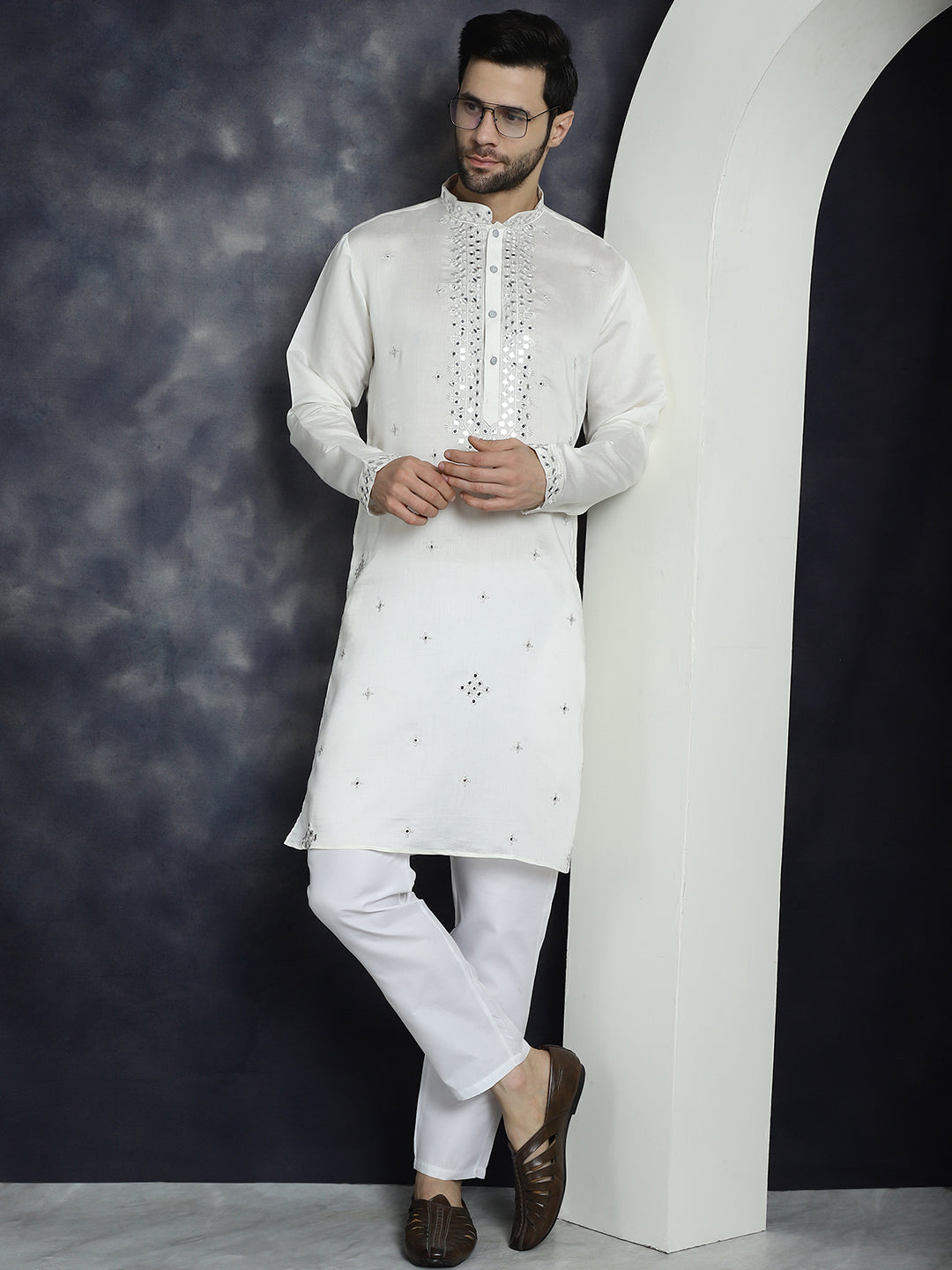Jompers Men's Embroidered Kurta With Pyjama - White