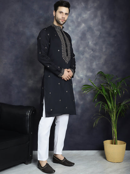 Jompers Men's Sequins Embroidered Kurta With Pyjama - Black