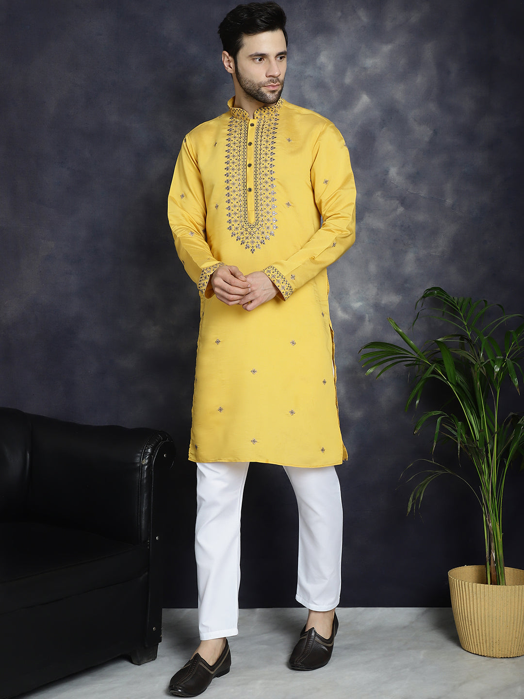 Jompers Men's Sequins Embroidered Kurta With Pyjama - Yellow