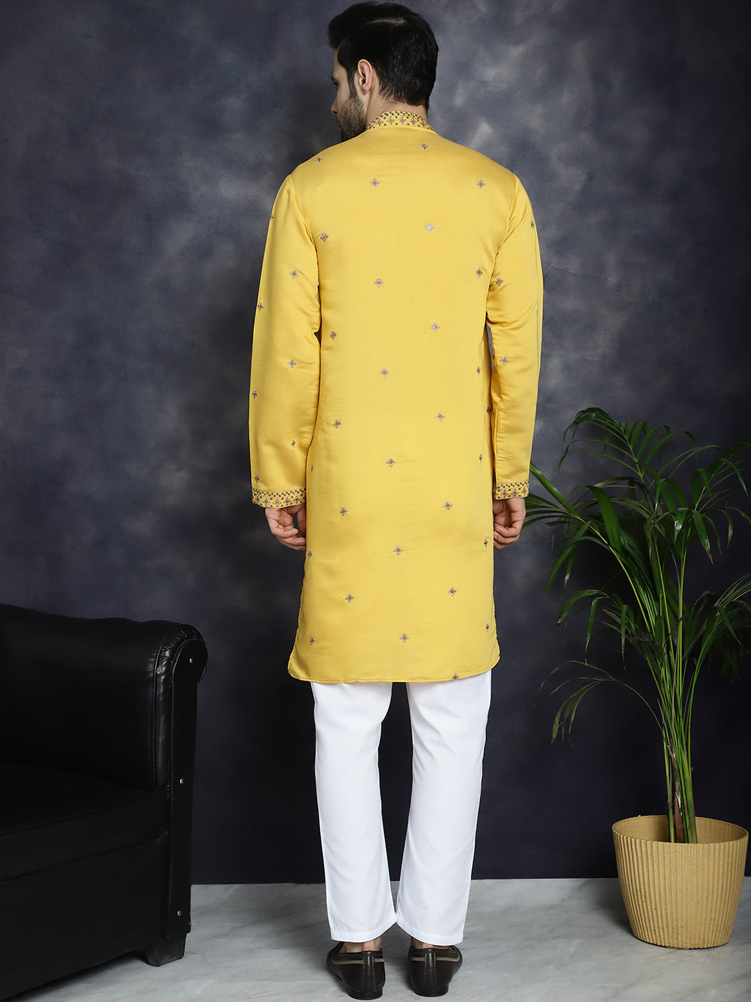Jompers Men's Sequins Embroidered Kurta With Pyjama - Yellow