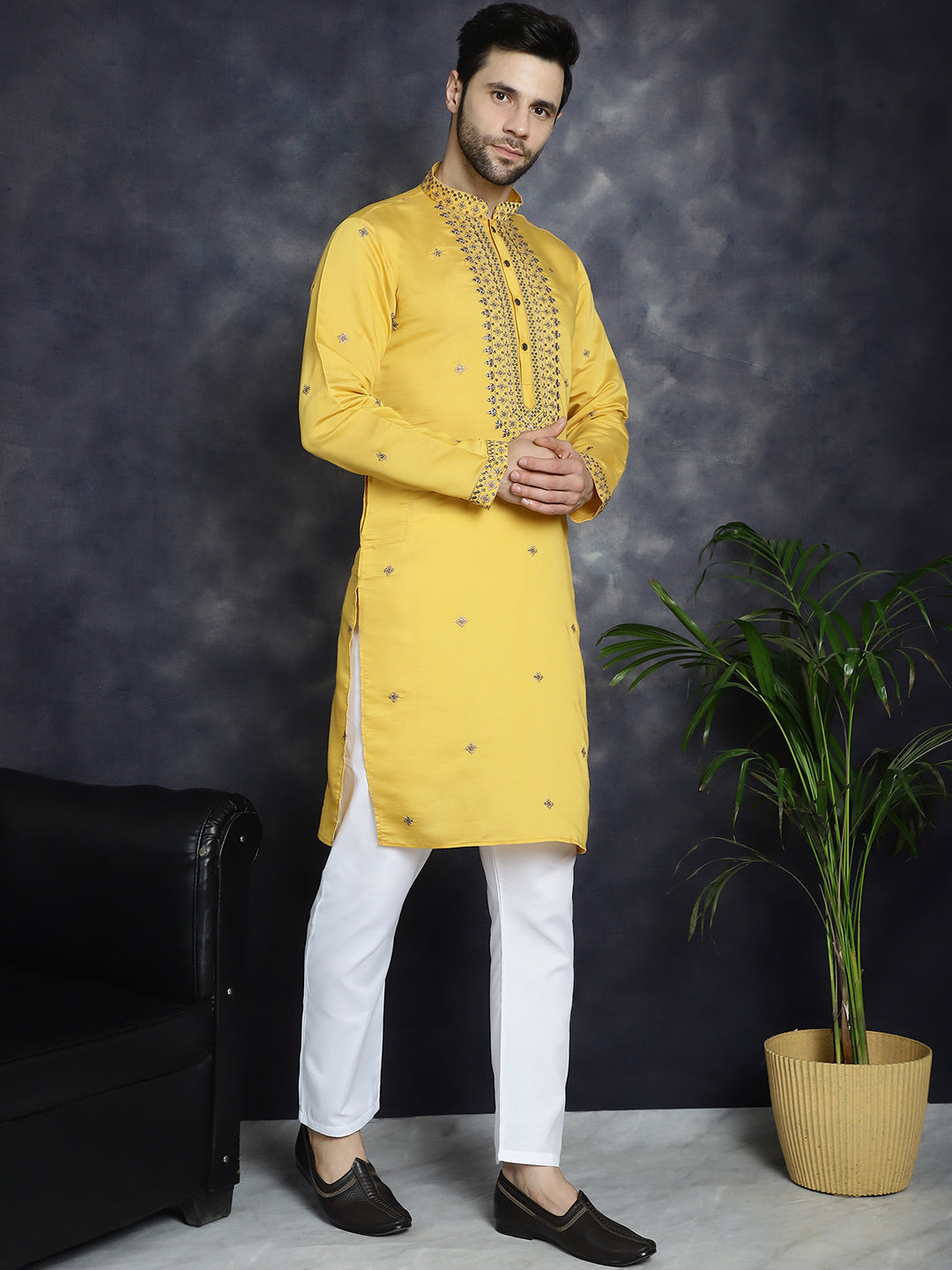 Jompers Men's Sequins Embroidered Kurta With Pyjama - Yellow