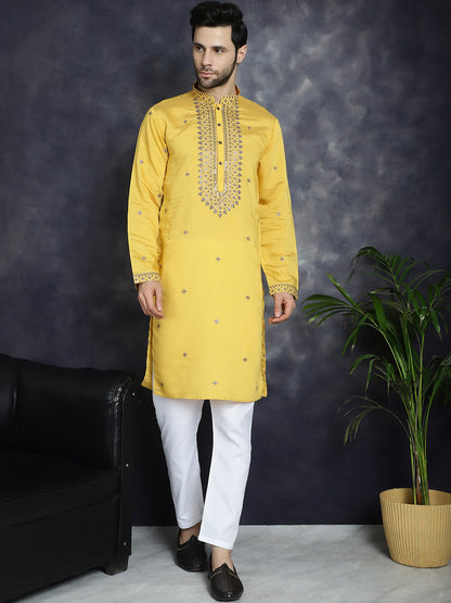Jompers Men's Sequins Embroidered Kurta With Pyjama - Yellow