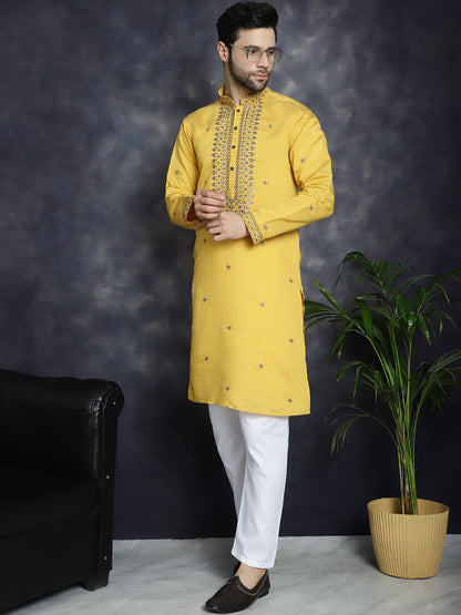 Jompers Men's Sequins Embroidered Kurta With Pyjama - Yellow