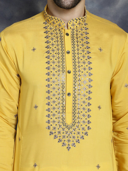 Jompers Men's Sequins Embroidered Kurta With Pyjama - Yellow