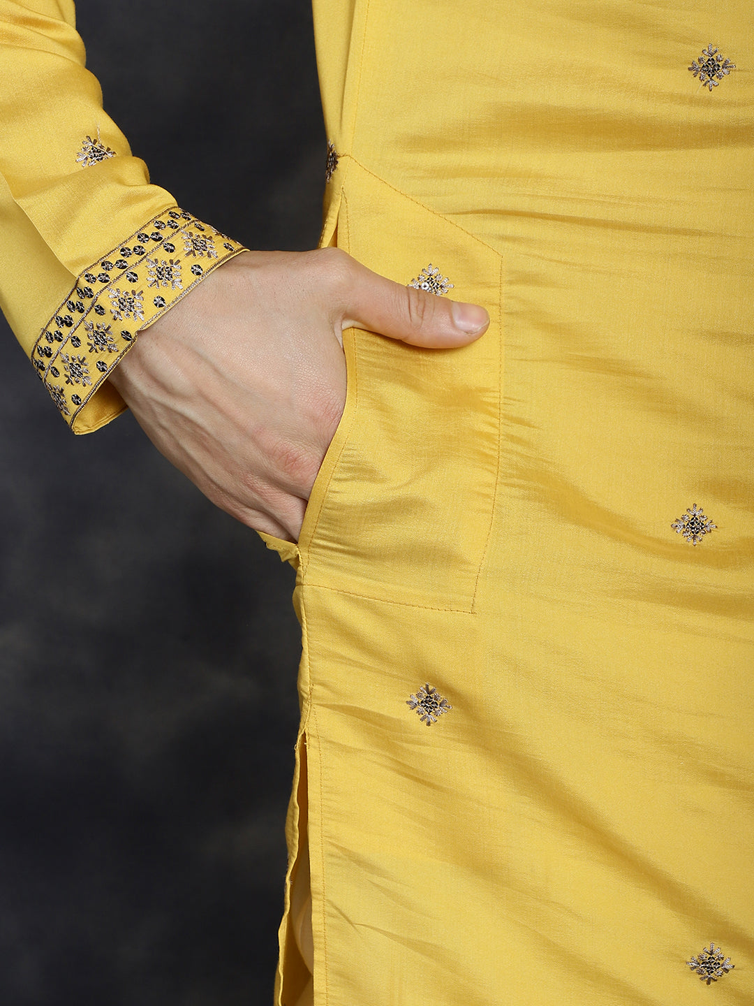 Jompers Men's Sequins Embroidered Kurta With Pyjama - Yellow