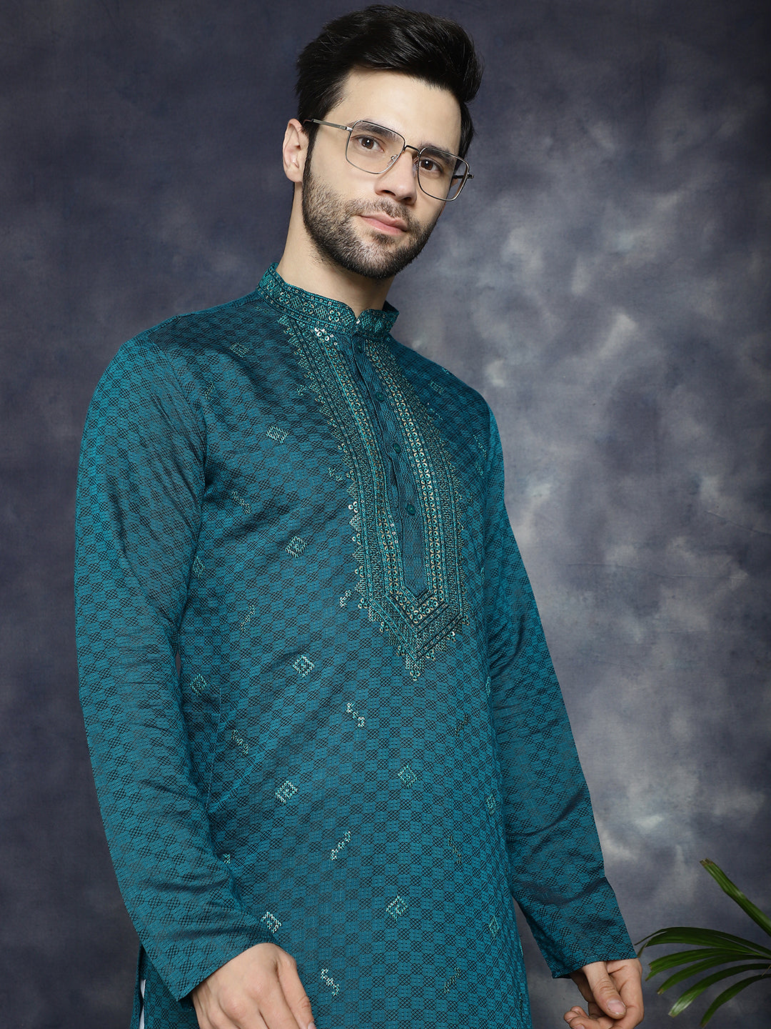 Jompers Men's Sequins Embroidered Kurta With Pyjama - Teal