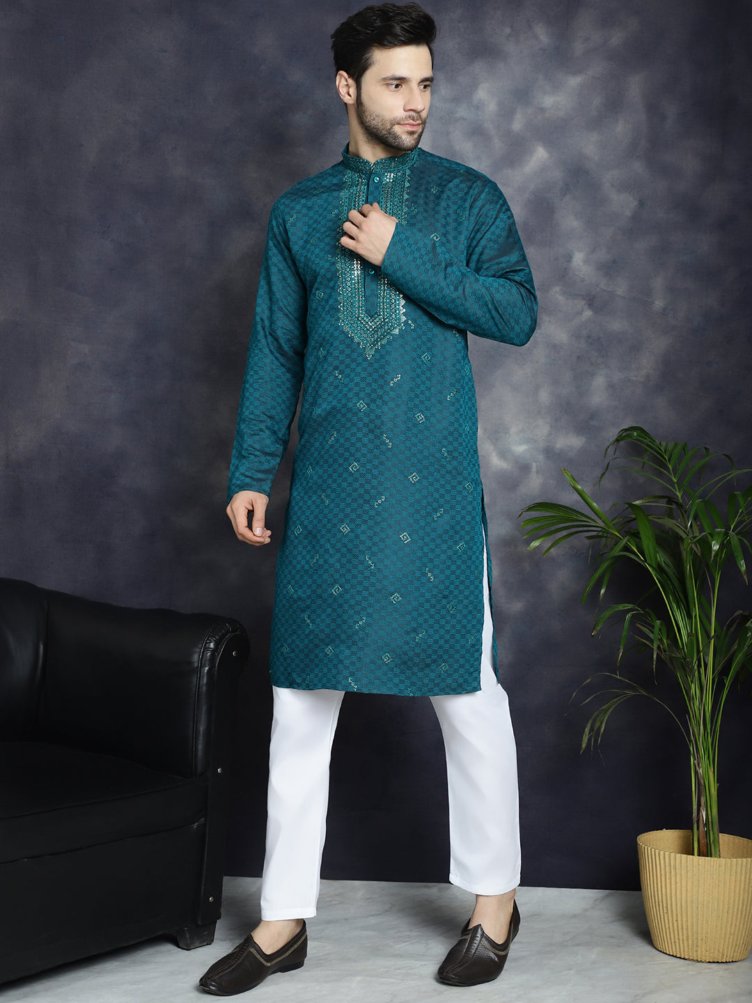 Jompers Men's Sequins Embroidered Kurta With Pyjama - Teal