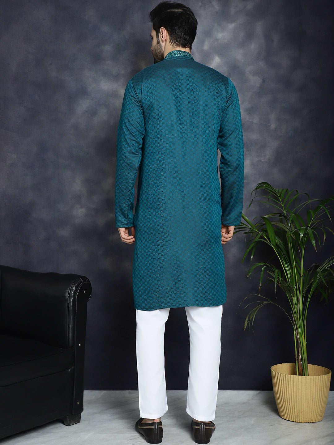 Jompers Men's Sequins Embroidered Kurta With Pyjama - Teal