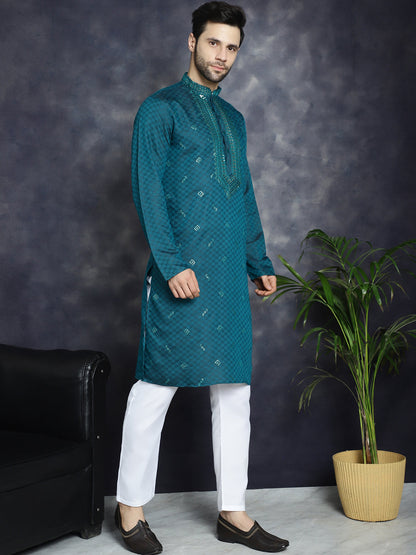 Jompers Men's Sequins Embroidered Kurta With Pyjama - Teal