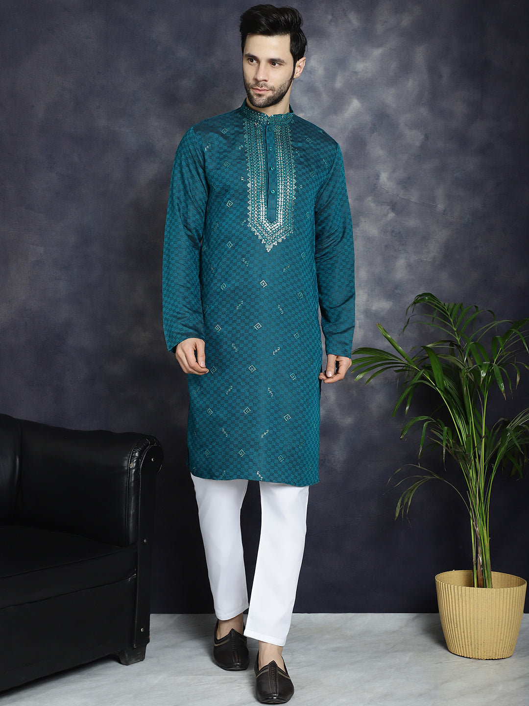 Jompers Men's Sequins Embroidered Kurta With Pyjama - Teal