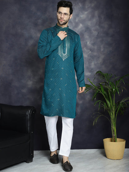 Jompers Men's Sequins Embroidered Kurta With Pyjama - Teal