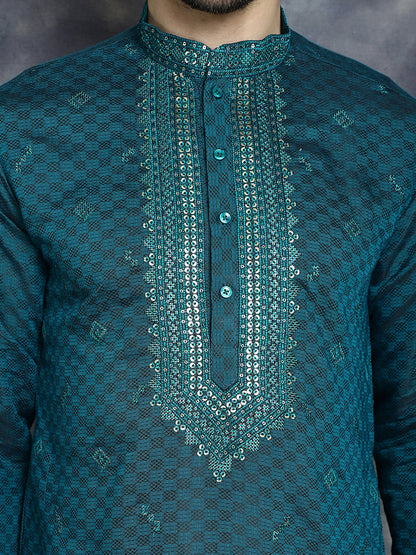 Jompers Men's Sequins Embroidered Kurta With Pyjama - Teal
