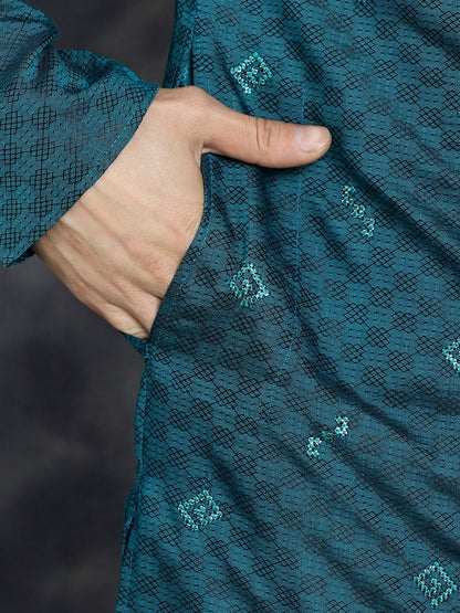 Jompers Men's Sequins Embroidered Kurta With Pyjama - Teal
