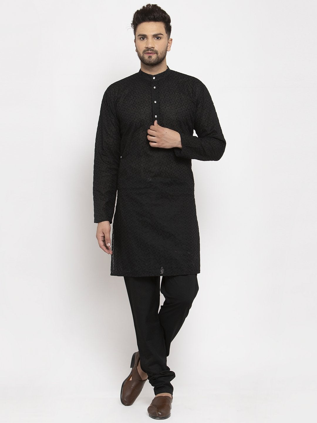 Jompers Men Black Chikan Kurta Only