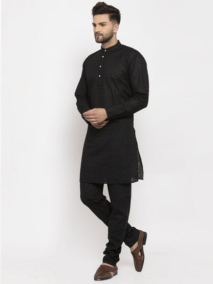Jompers Men Black Chikan Kurta with Churidar
